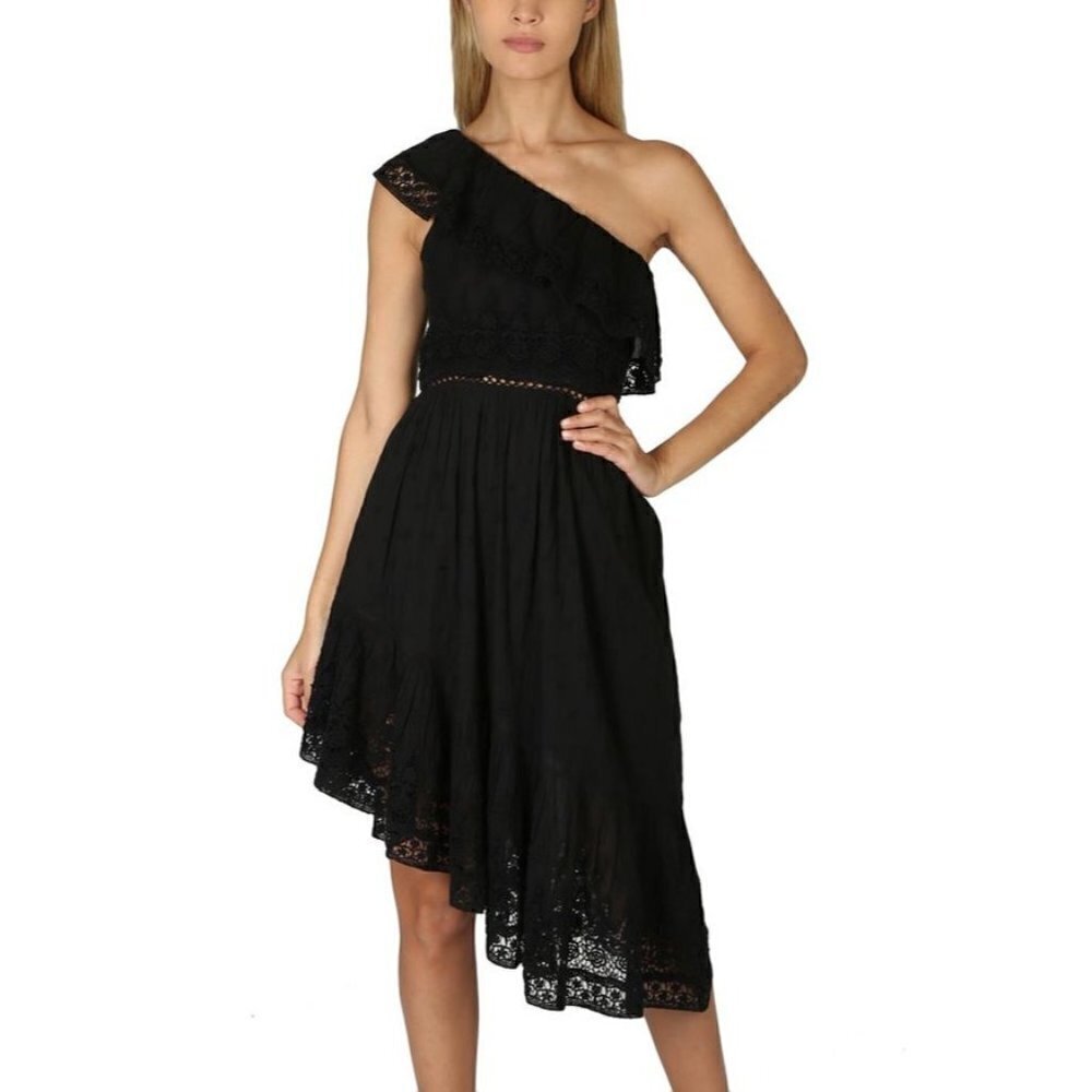 LoveShackFancy Pamela Asymmetric One Shoulder Ruffle Lace Dress Black Size S